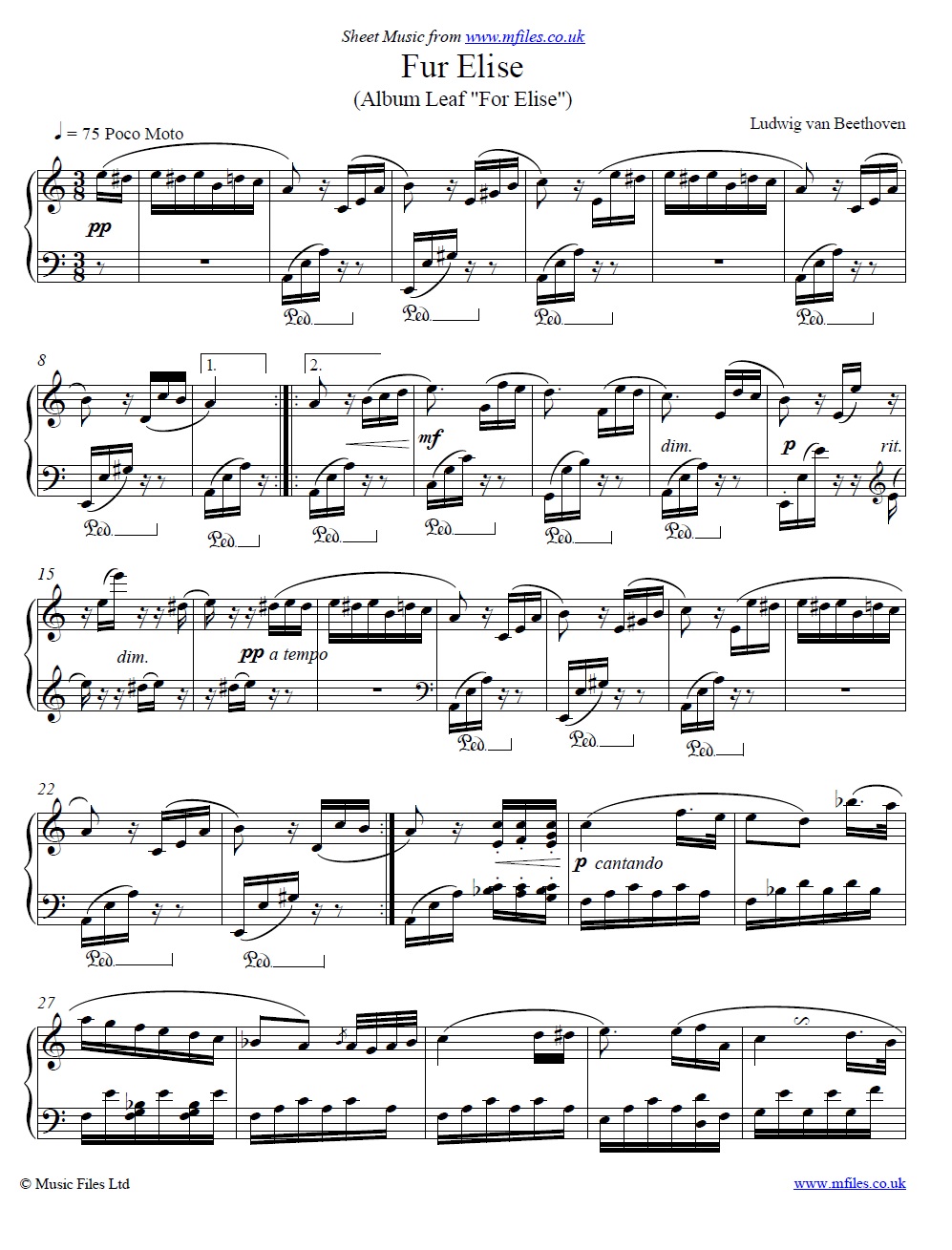 Beethoven's Fur Elise for piano - sheet music 1st page