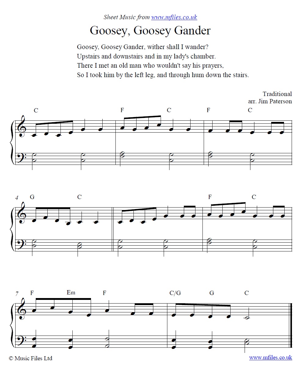Goosey Goosey Gander for piano - sheet music 1st page