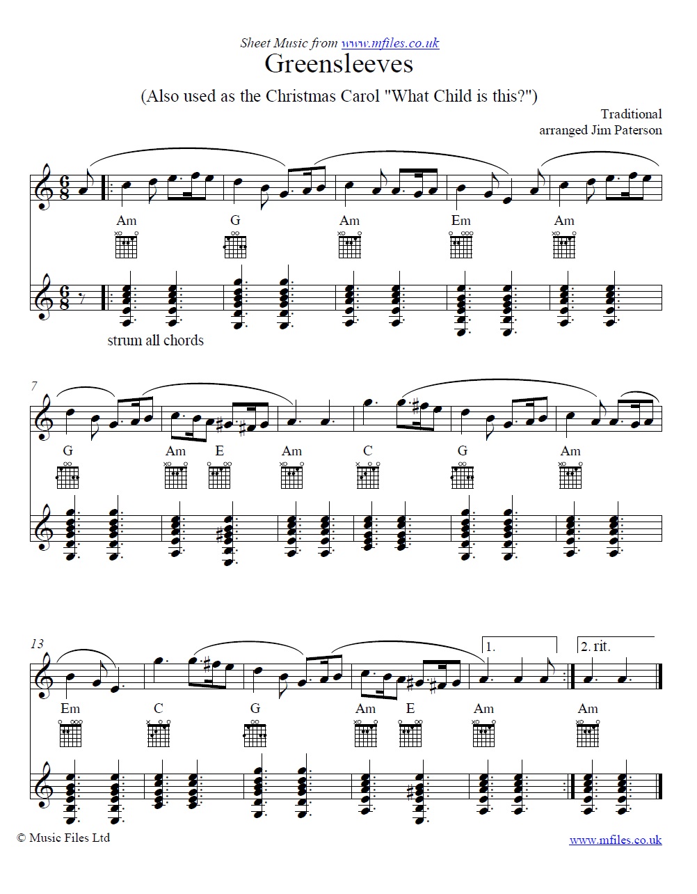 Greensleeves (What Child is This?) for flute and guitar - sheet music 1st page