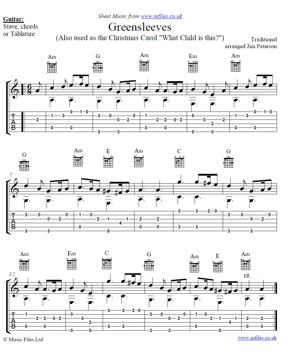 Greensleeves (What Child is This?) for guitar - sheet music 1st page