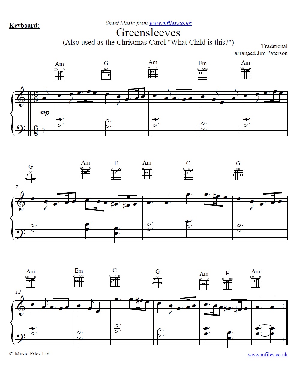 Greensleeves (What Child is This?) for piano - sheet music 1st page