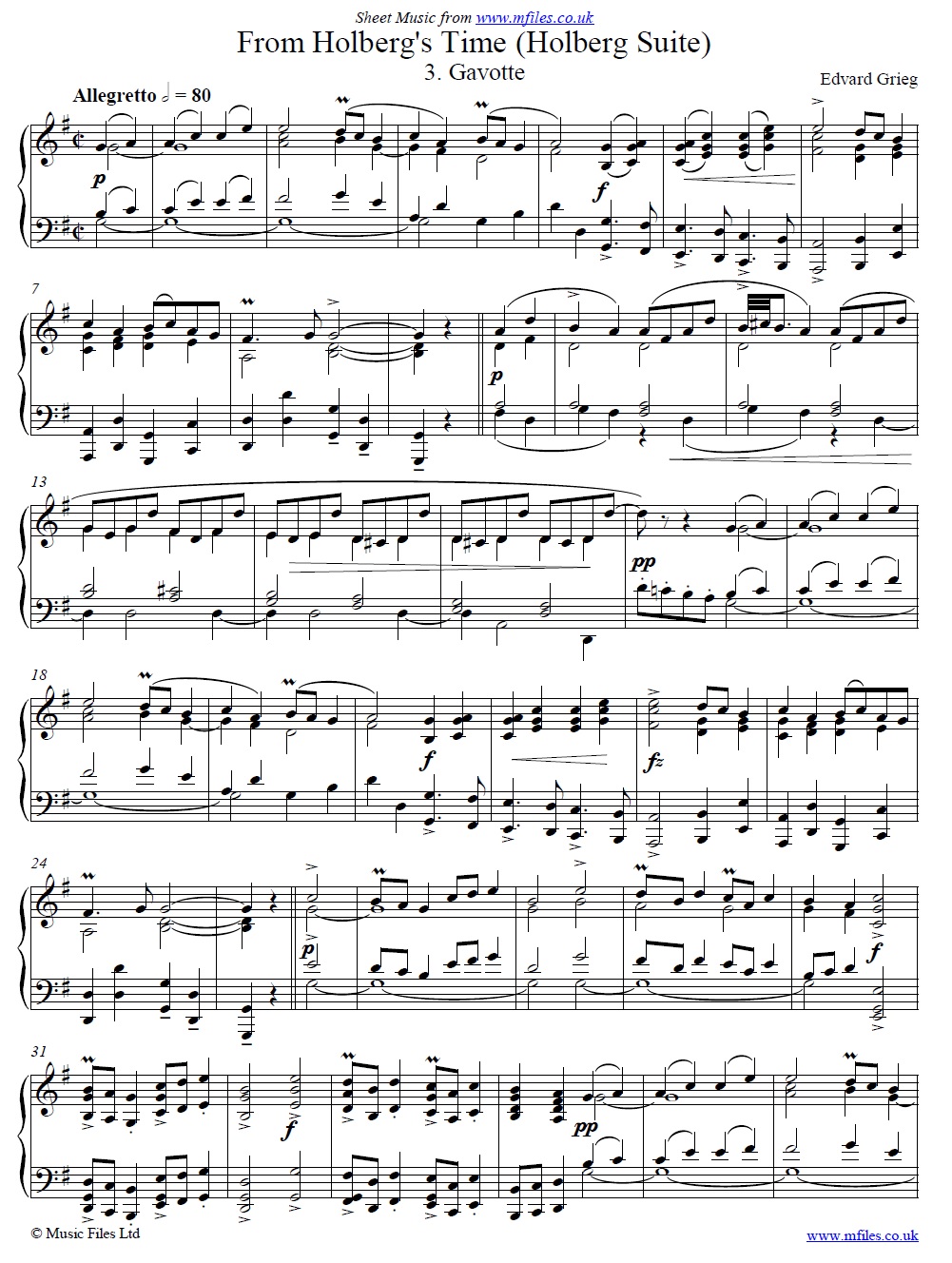 Grieg's Holberg Suite (3rd movement: Gavotte) for piano - sheet music 1st page