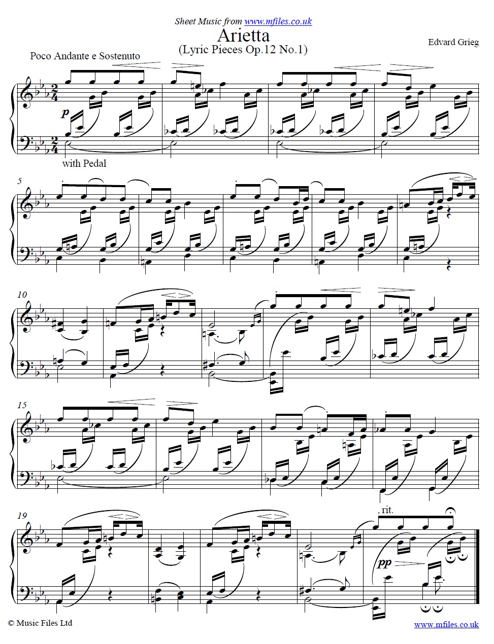 Grieg's Arietta (Lyric Piece Op.12 No.1) for piano - sheet music 1st page
