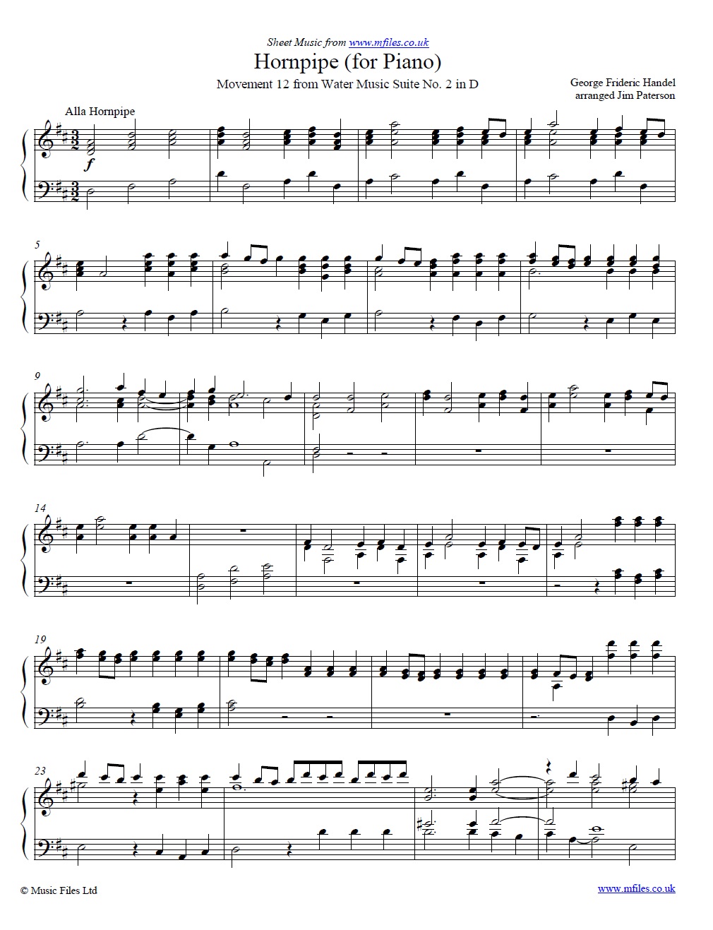 Handel's Hornpipe from The Water Music for piano - sheet music 1st page
