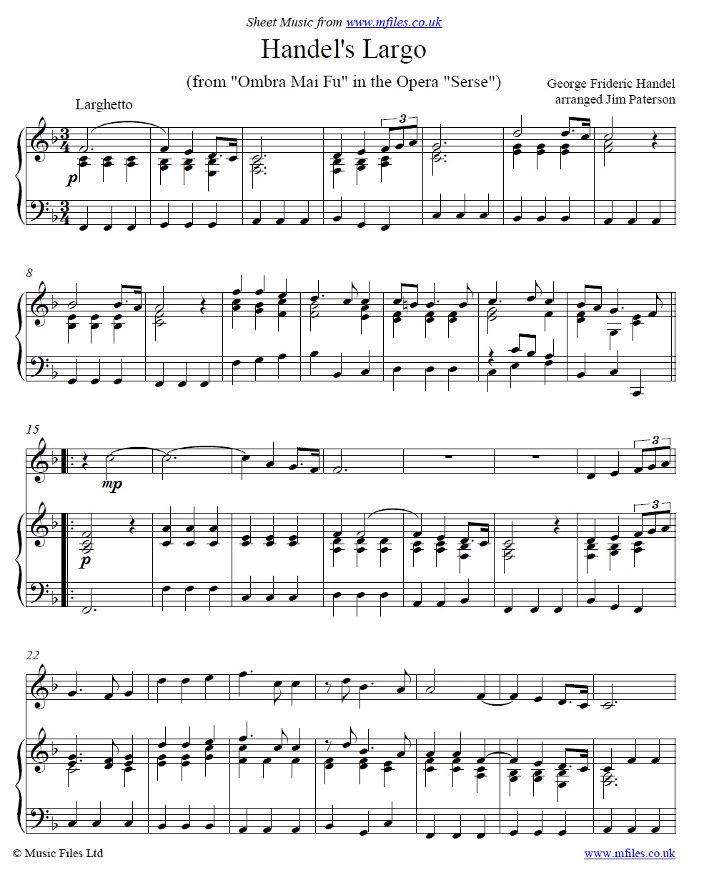 Handel's Largo for violin and piano - sheet music 1st page
