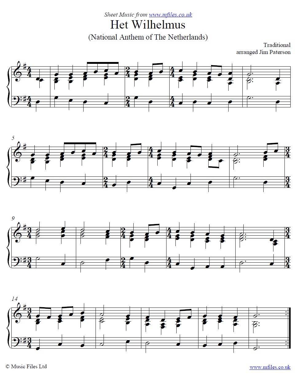 Het Wilhelmus for piano - sheet music 1st page