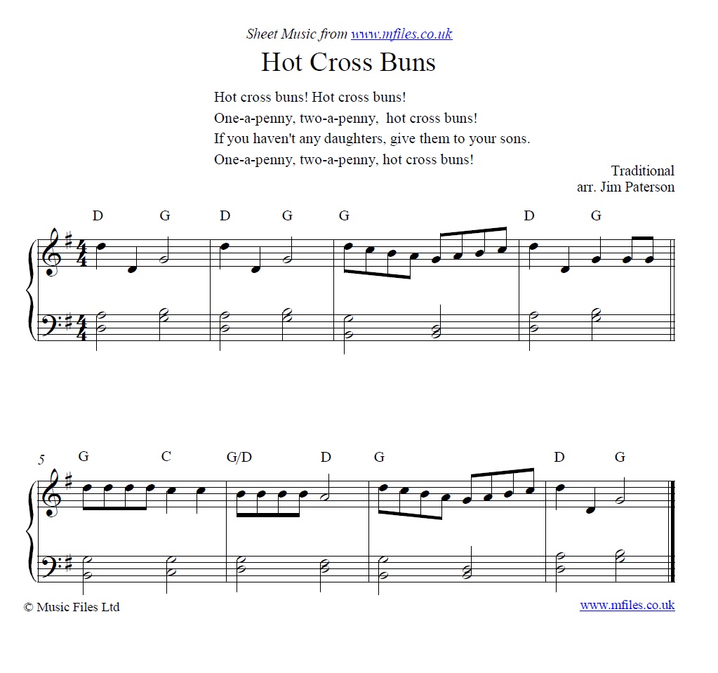 Hot Cross Buns for piano - sheet music 1st page