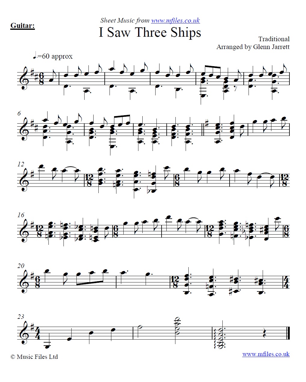 I Saw Three Ships arranged by Glenn Jarrett for guitar - sheet music 1st page