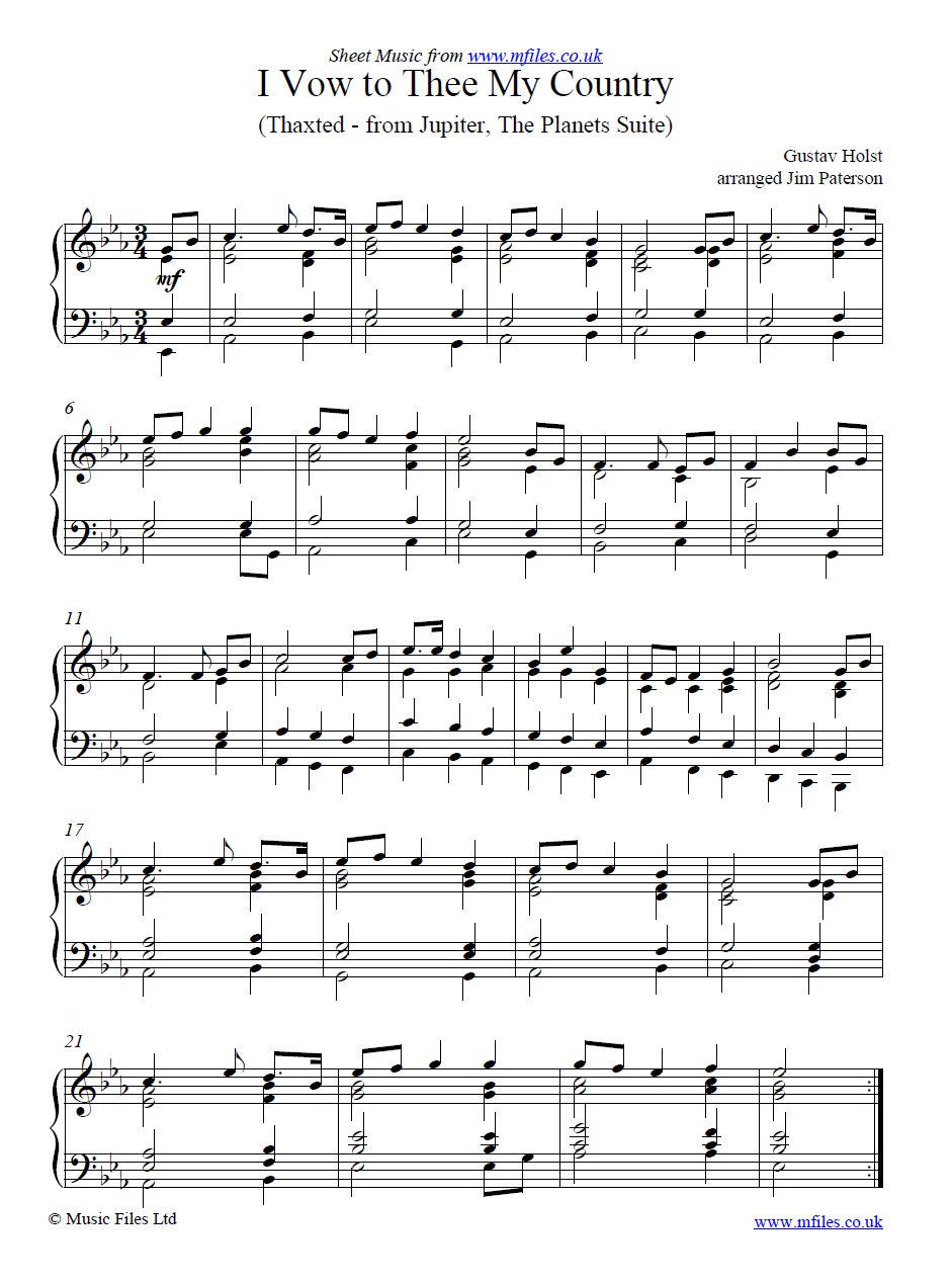 Holst's I Vow to Thee My Country from Jupiter for piano - sheet music 1st page