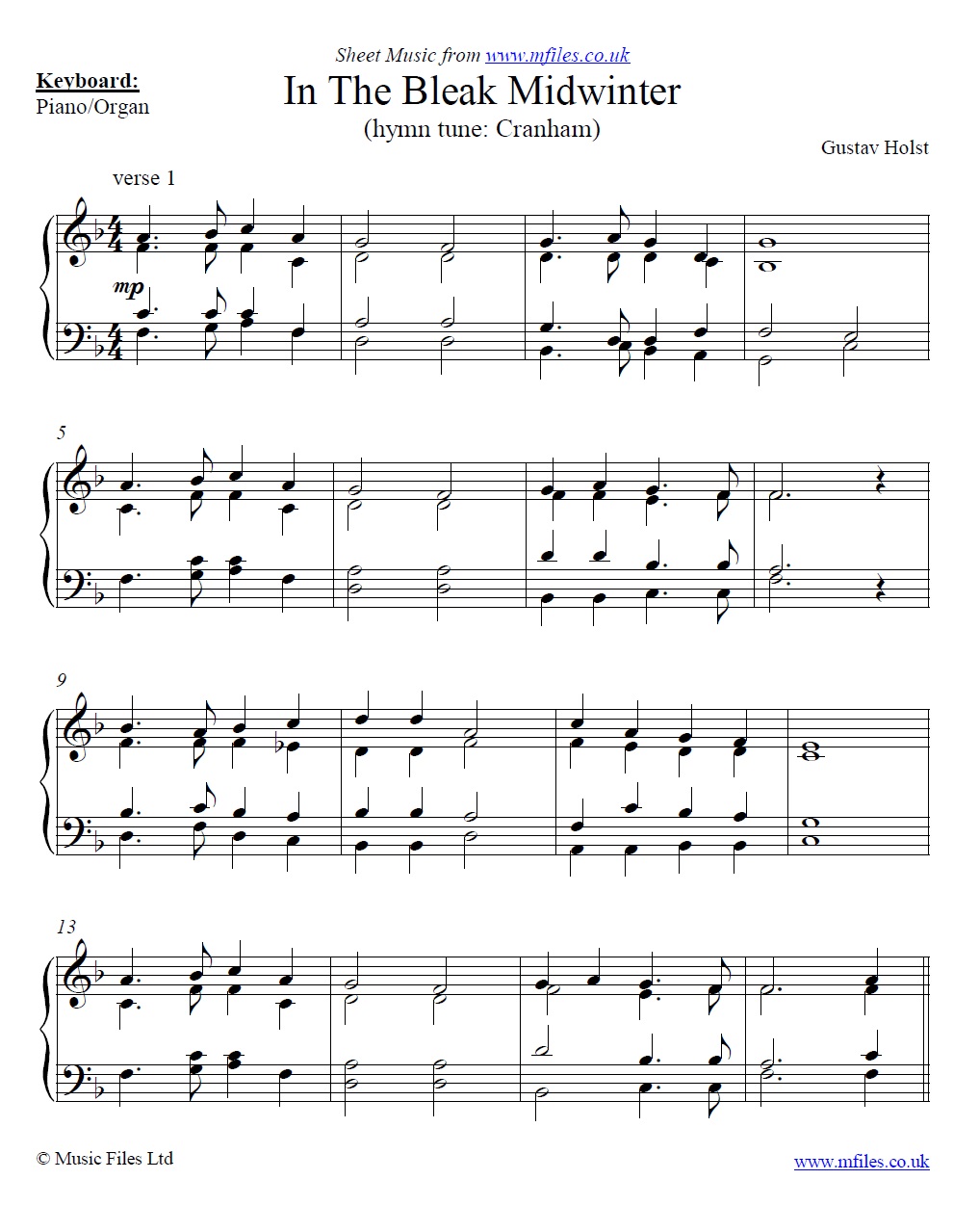 Holst's In The Bleak Midwinter for piano - sheet music 1st page