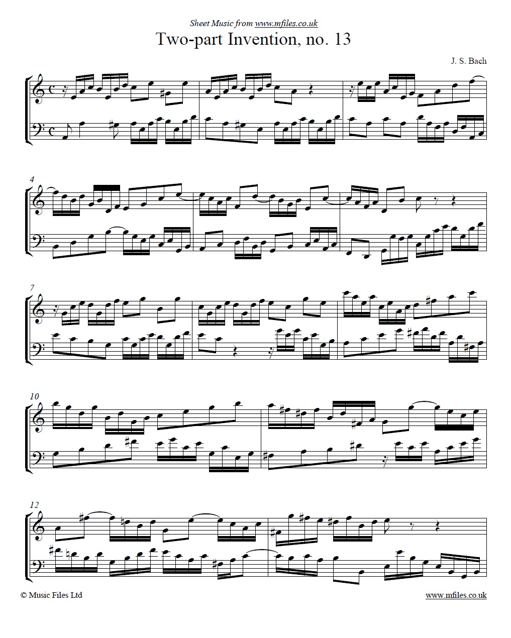 Bach's 2-part invention no. 13 for piano - sheet music 1st page