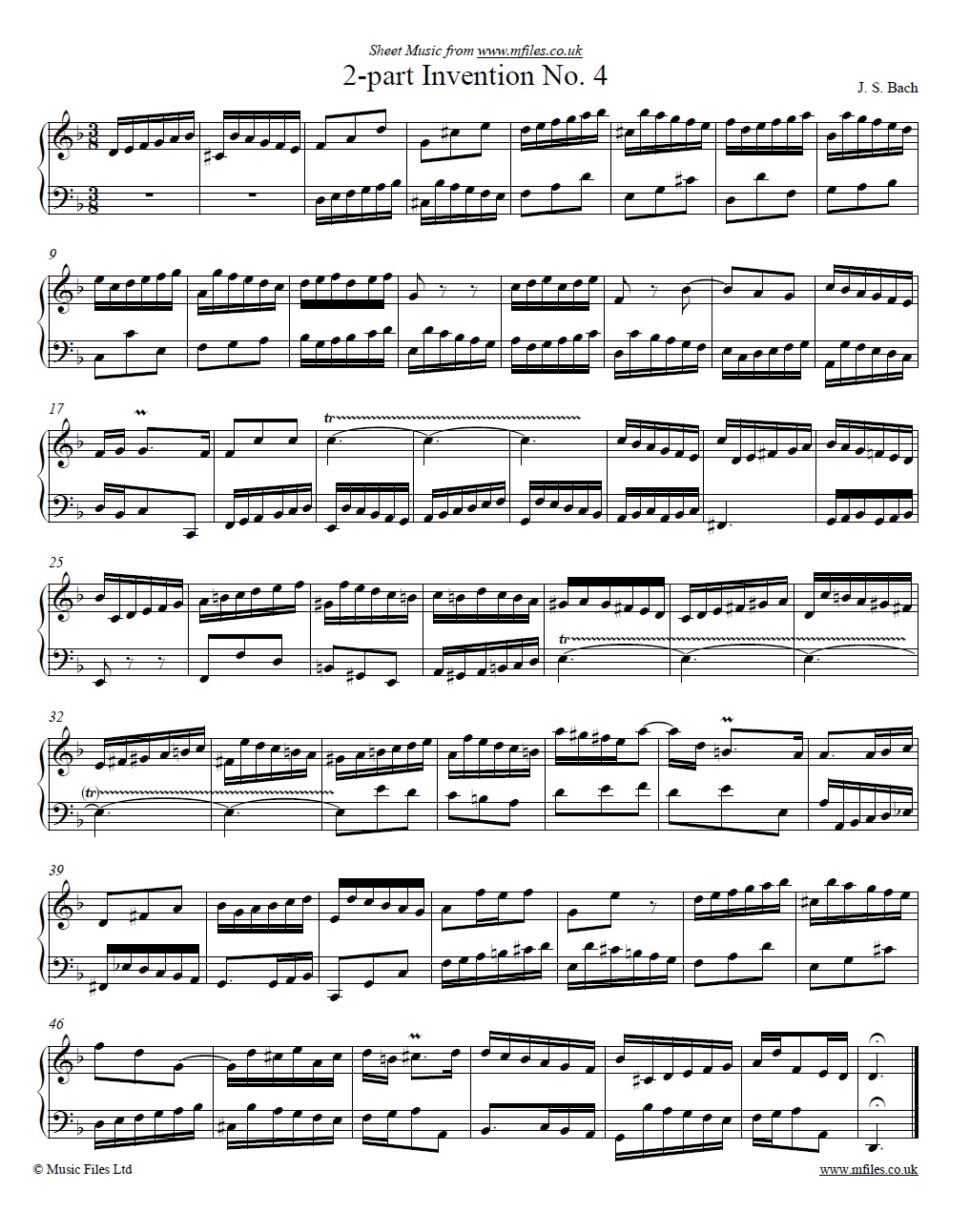 Bach's 2-part invention no. 4 for piano - sheet music 1st page