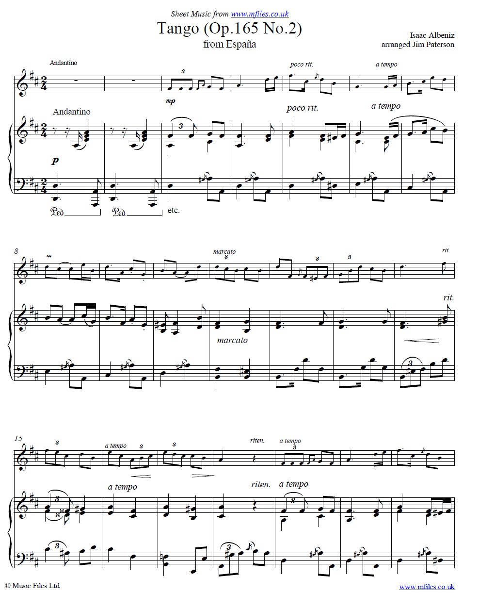 Albeniz' Tango Op.165 No.2 from Suite Espana for violin and piano - sheet music 1st page