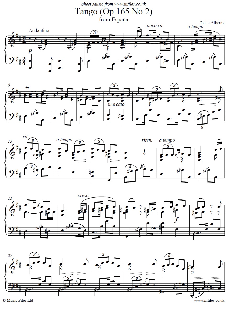 Albeniz' Tango Op.165 No.2 from Suite Espana for piano - sheet music 1st page