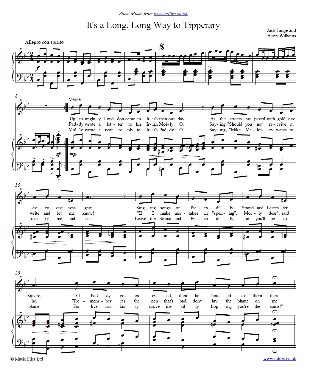 It's a Long Way to Tipperary by Jack Judge (piano/vocal) - sheet music 1st page