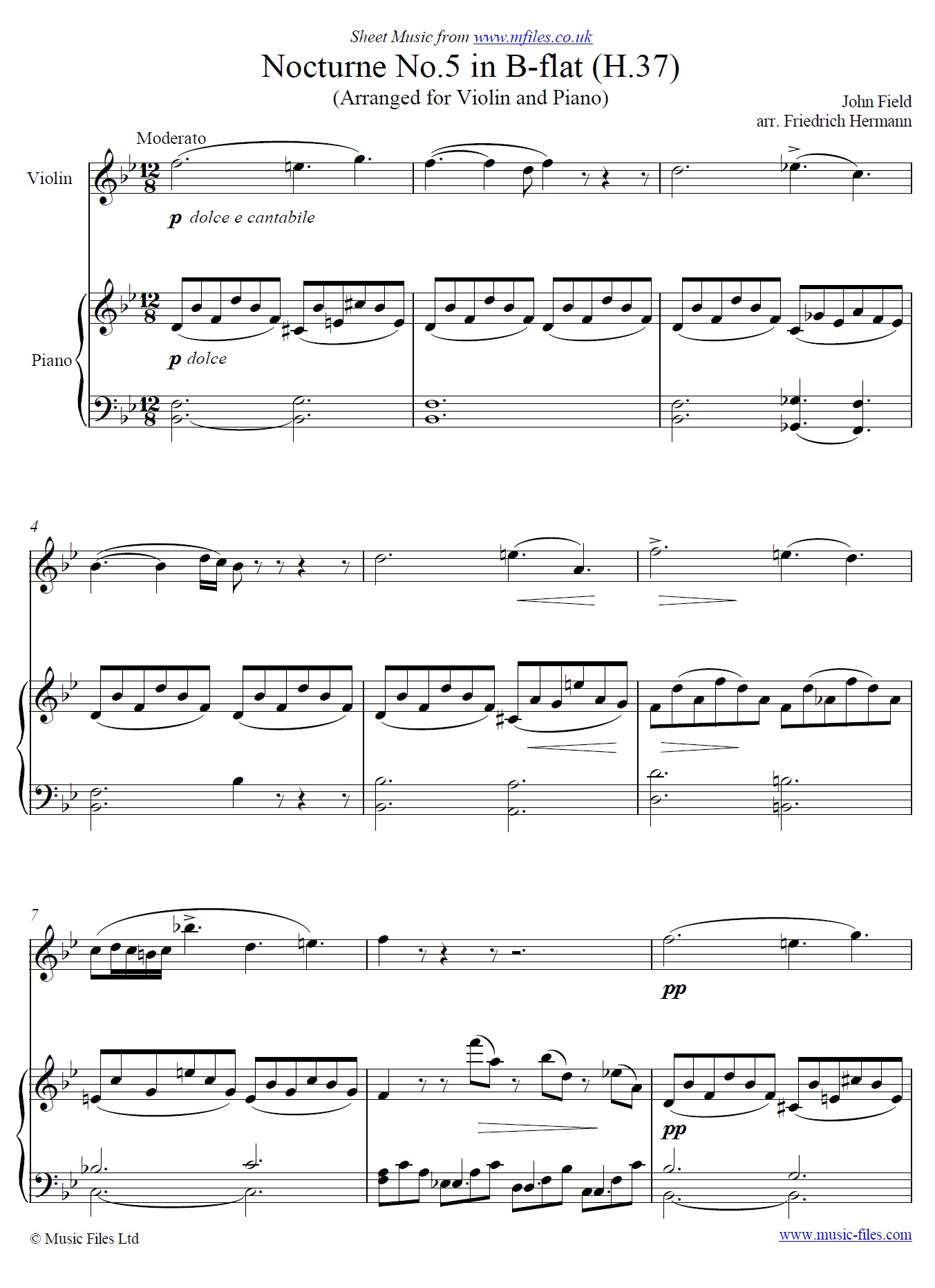 Field's Nocturne no.5 in B-flat for violin and piano - sheet music 1st page