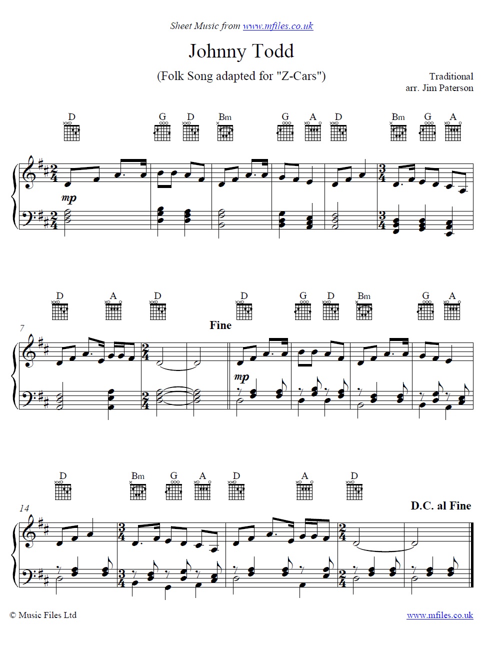 Johnny Todd for piano - sheet music 1st page