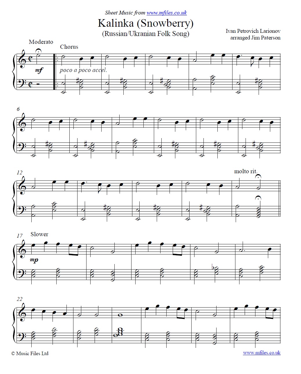 Kalinka for piano - sheet music 1st page