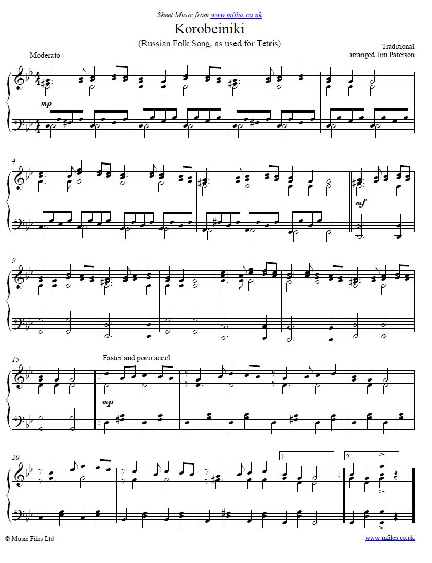Korobeiniki (Tetris theme) for piano - sheet music 1st page