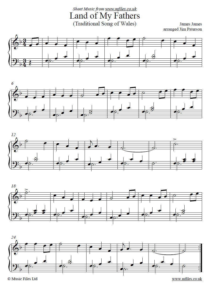 Land of My Fathers for piano - sheet music 1st page