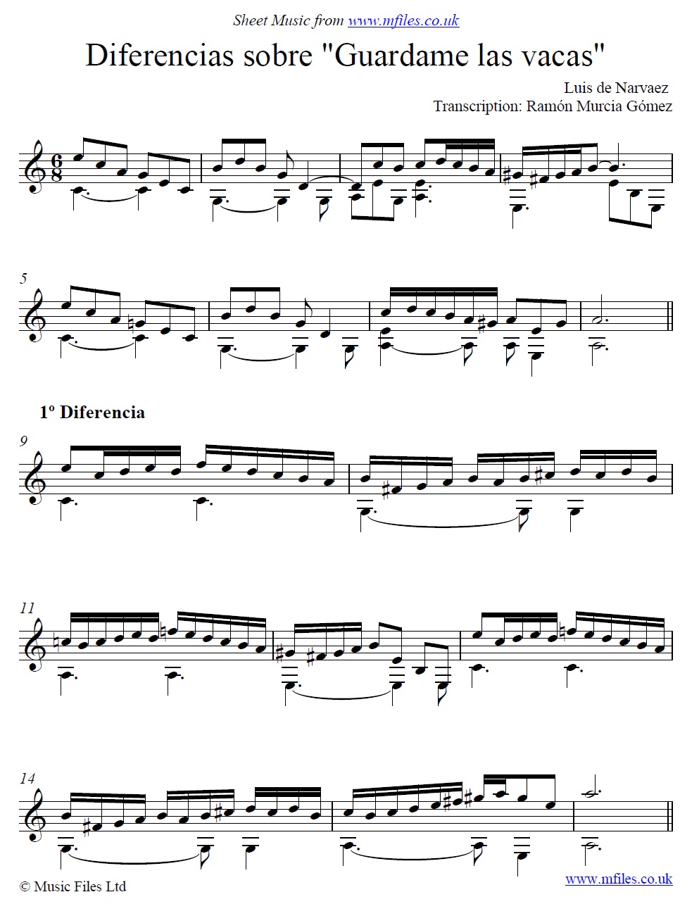 Narváez' Diferencias sobre Guardame las Vacas for guitar - sheet music 1st page
