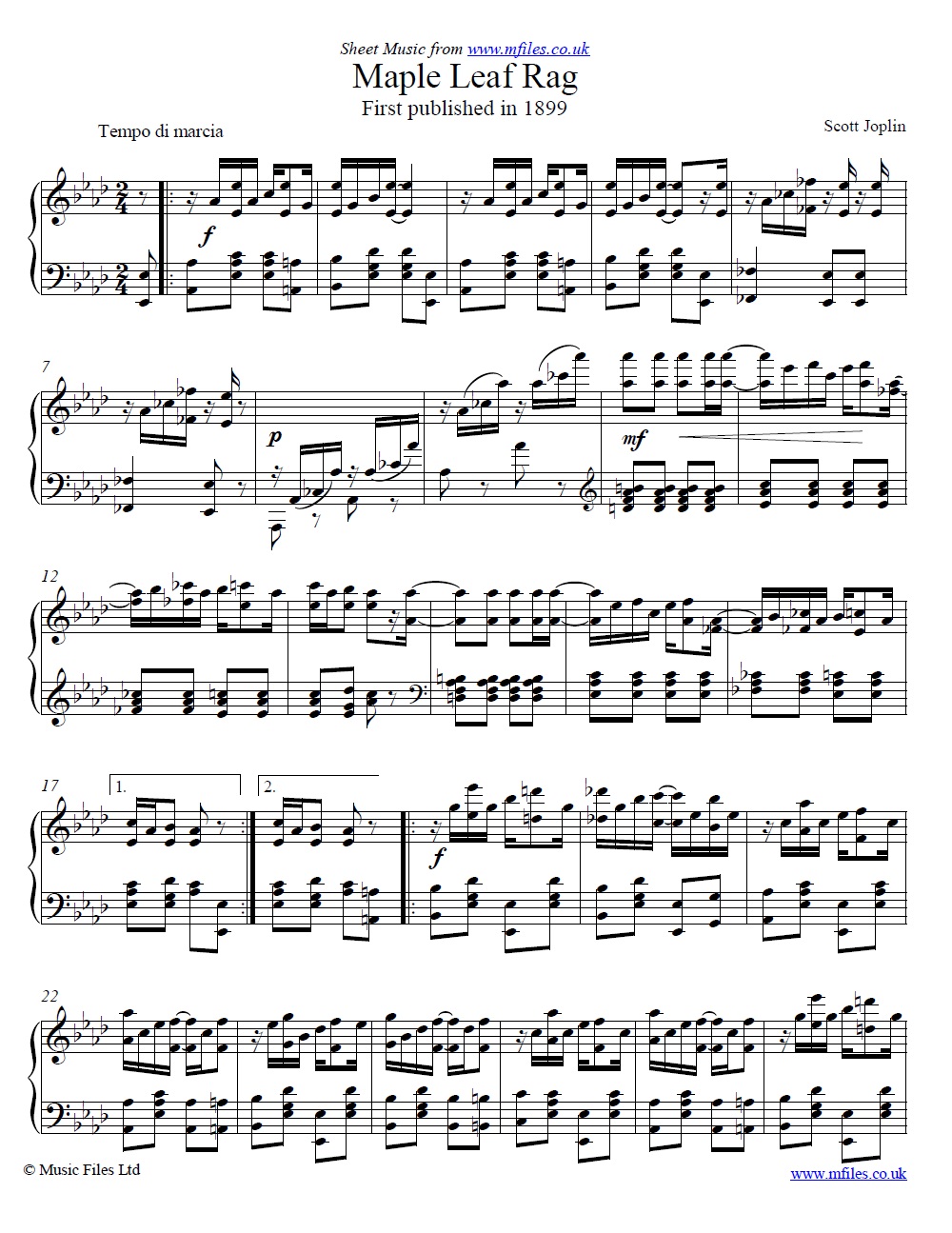 Scott Joplin's Maple Leaf Rag for piano - sheet music 1st page