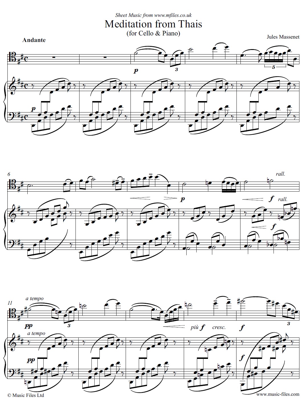 Jules Massenet Meditation from Thais, cello & piano - sheet music 1st page
