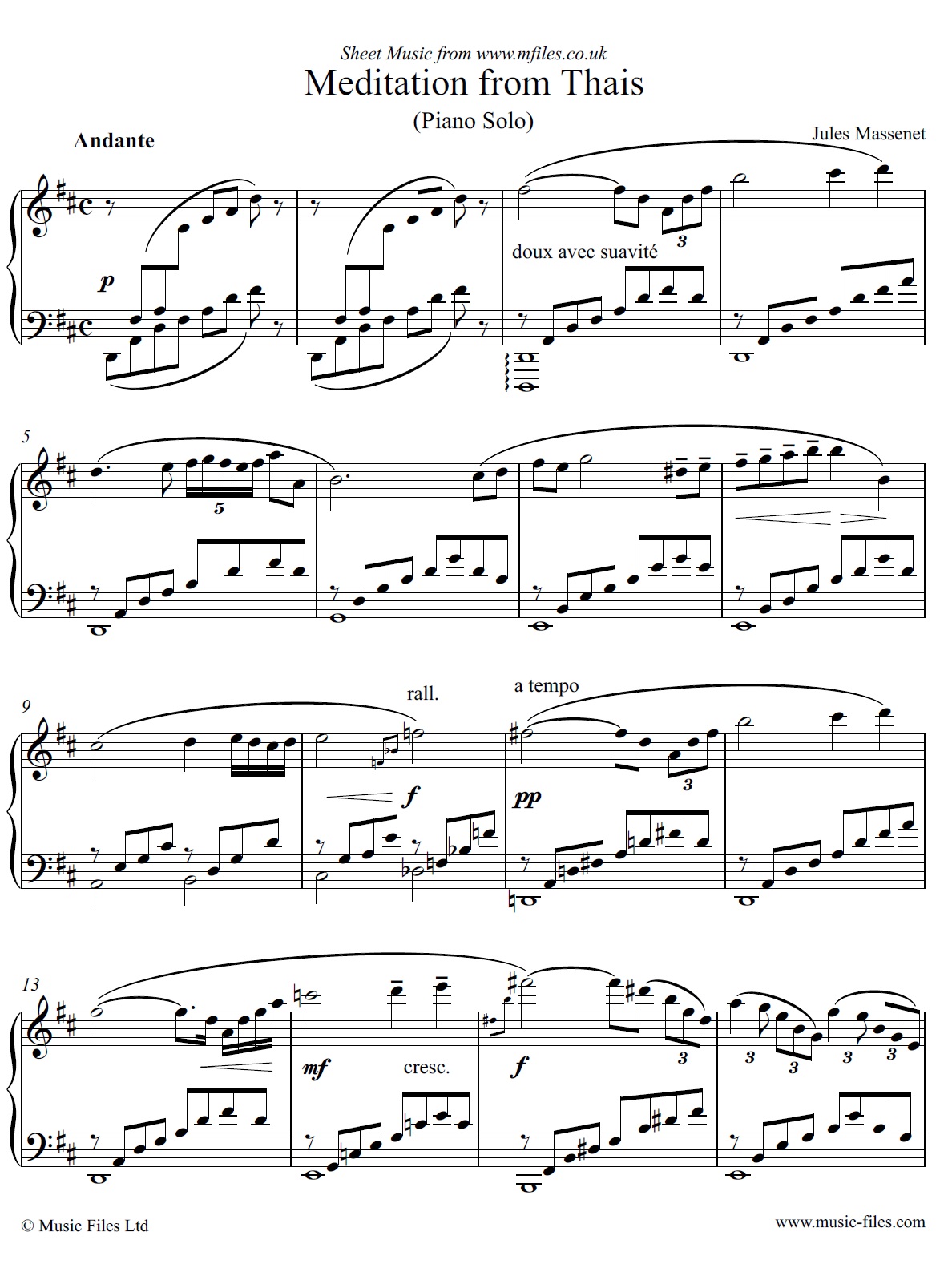 Jules Massenet Meditation from Thais, piano solo - sheet music 1st page