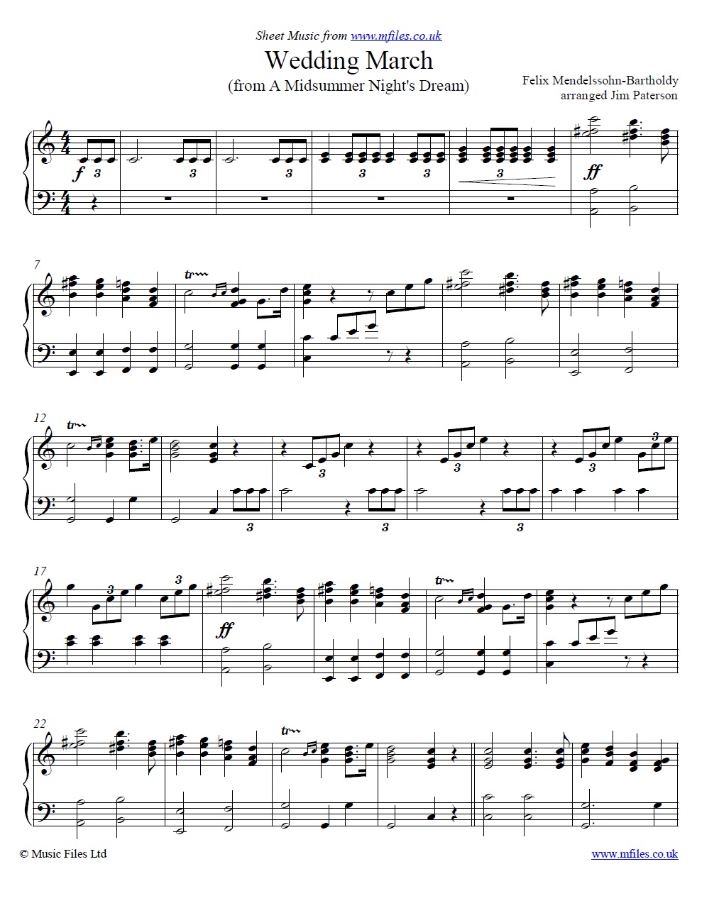 Mendelssohn's Wedding March for piano - sheet music 1st page