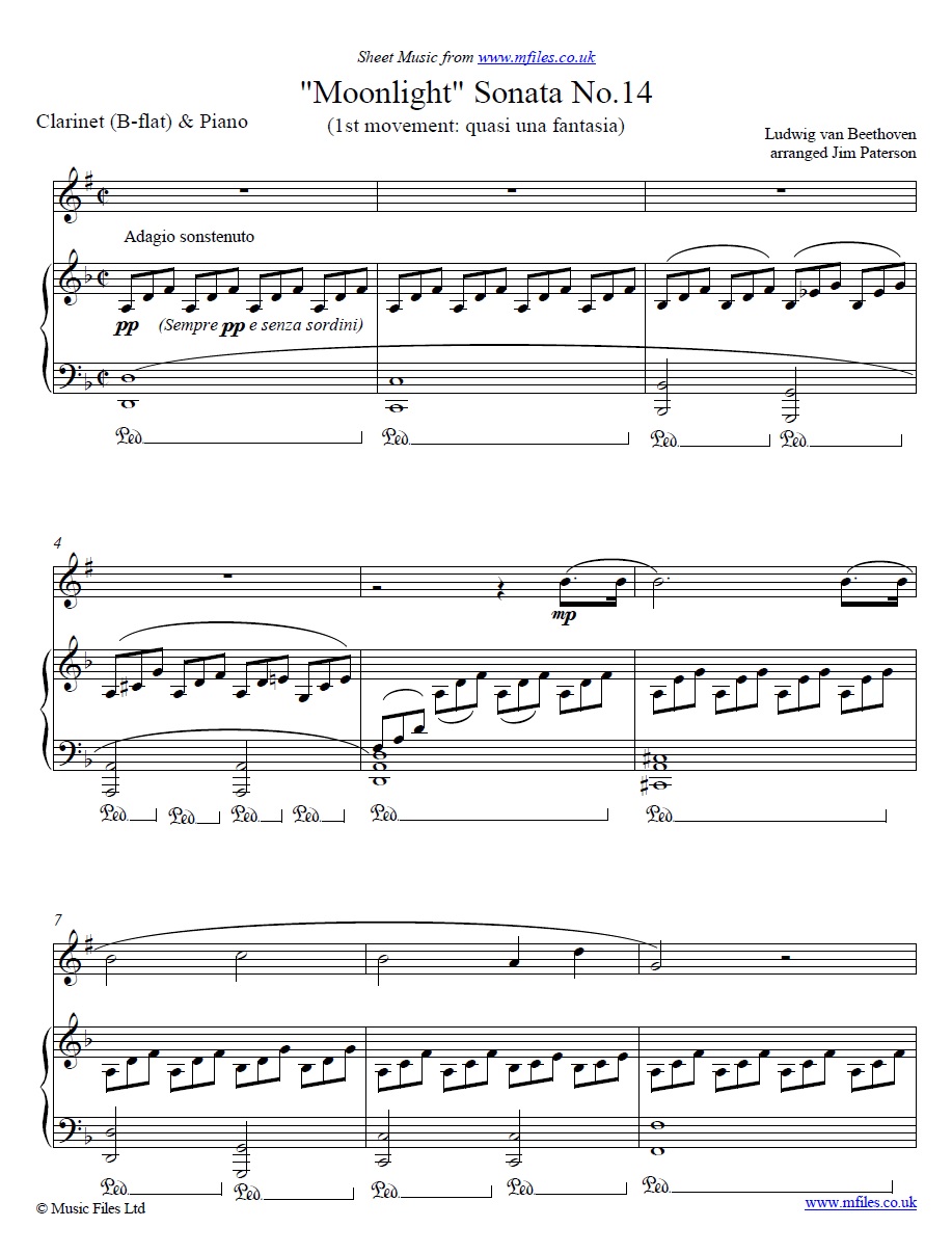 Beethoven's Moonlight Sonata (1st movement) for clarinet and piano - sheet music 1st page