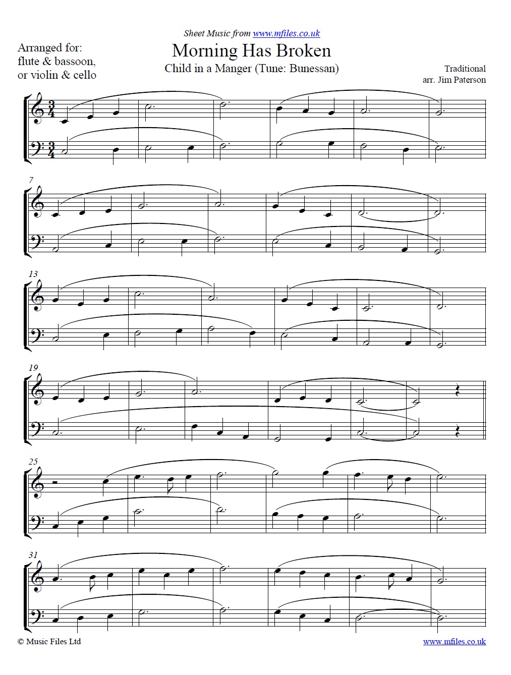 Morning Has Broken (Child in a Manager) for flute and bassoon - sheet music 1st page