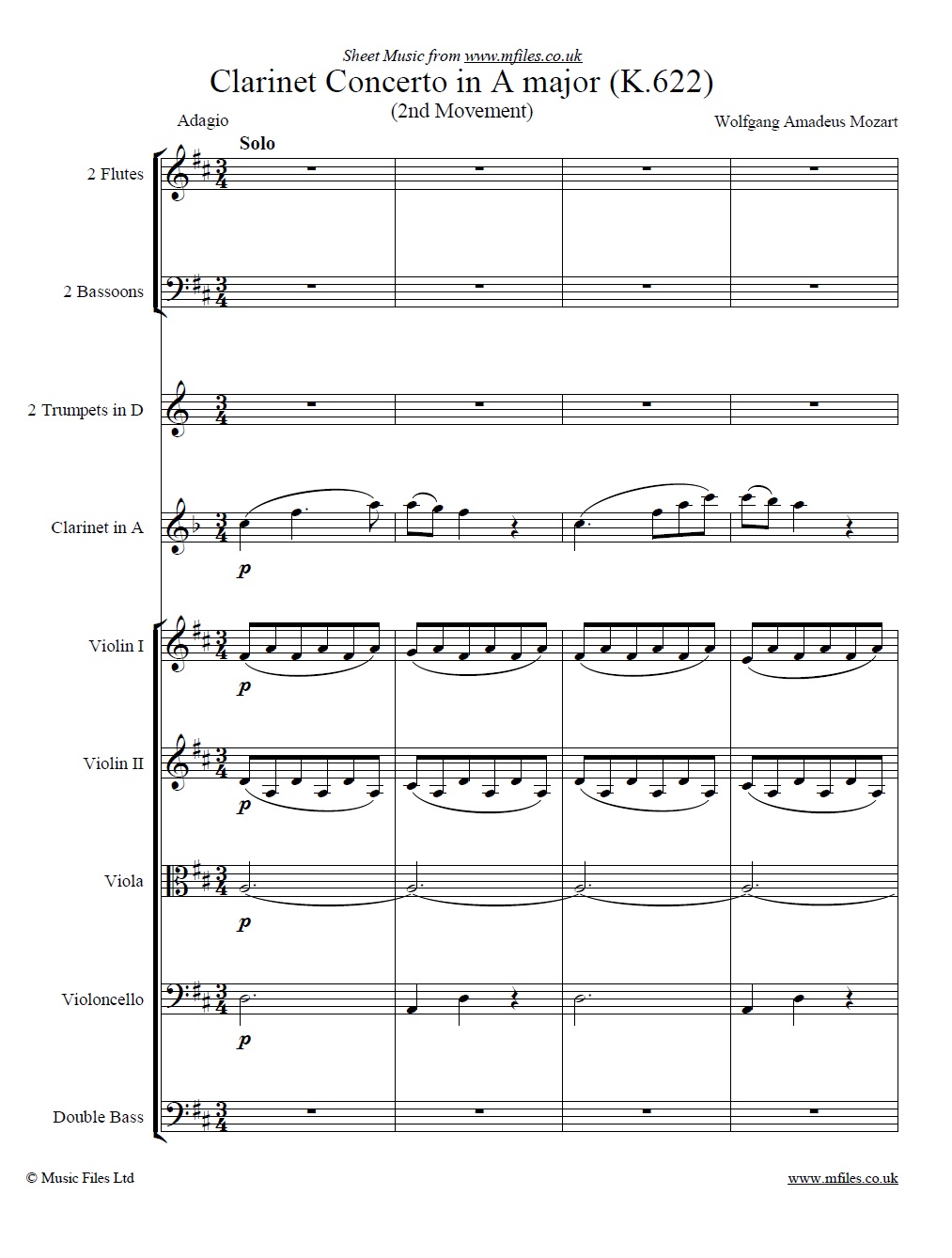 Mozart's Clarinet Concerto (2nd Movement) score - sheet music 1st page
