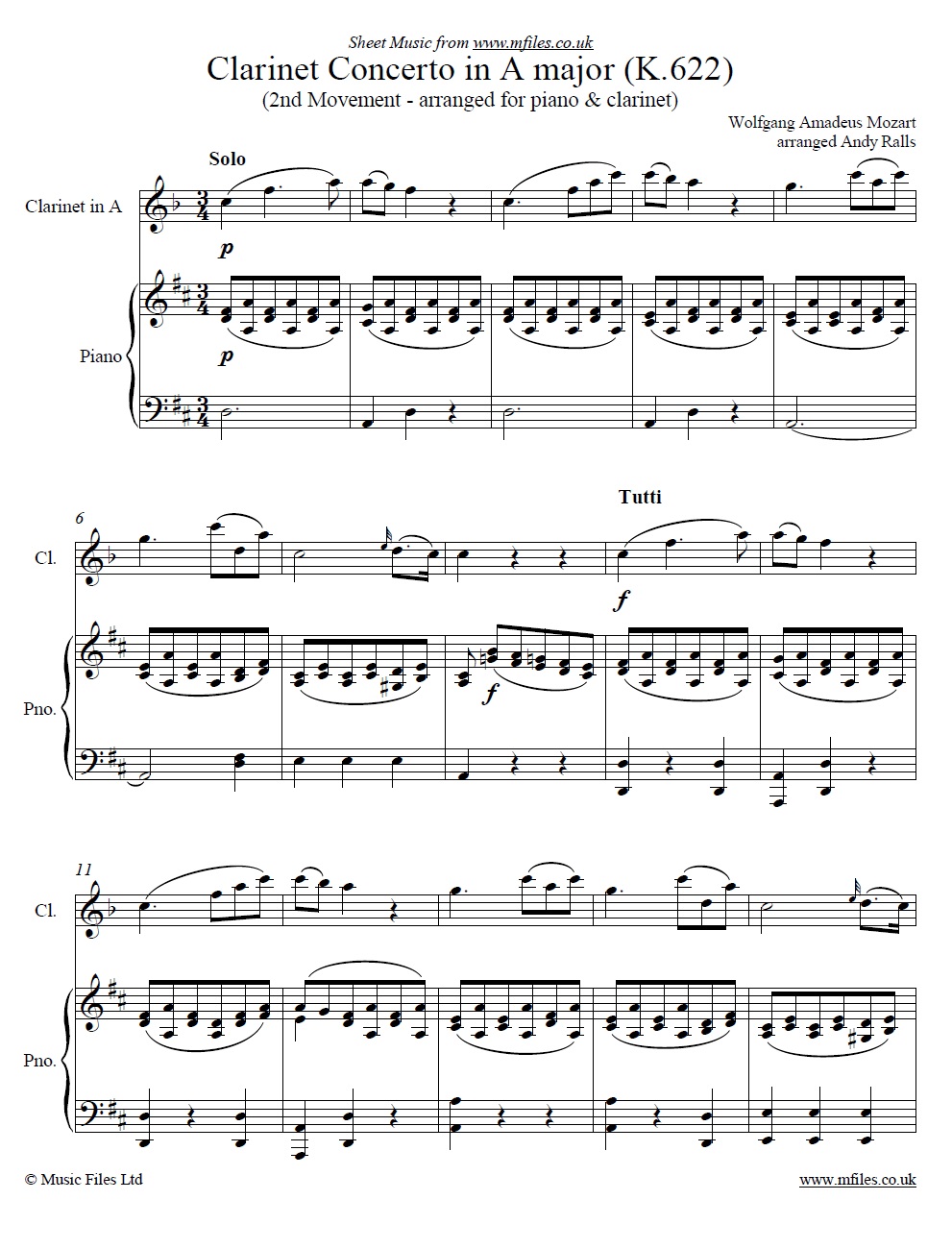 Mozart's Clarinet Concerto (2nd Movement) for clarinet and piano - sheet music 1st page