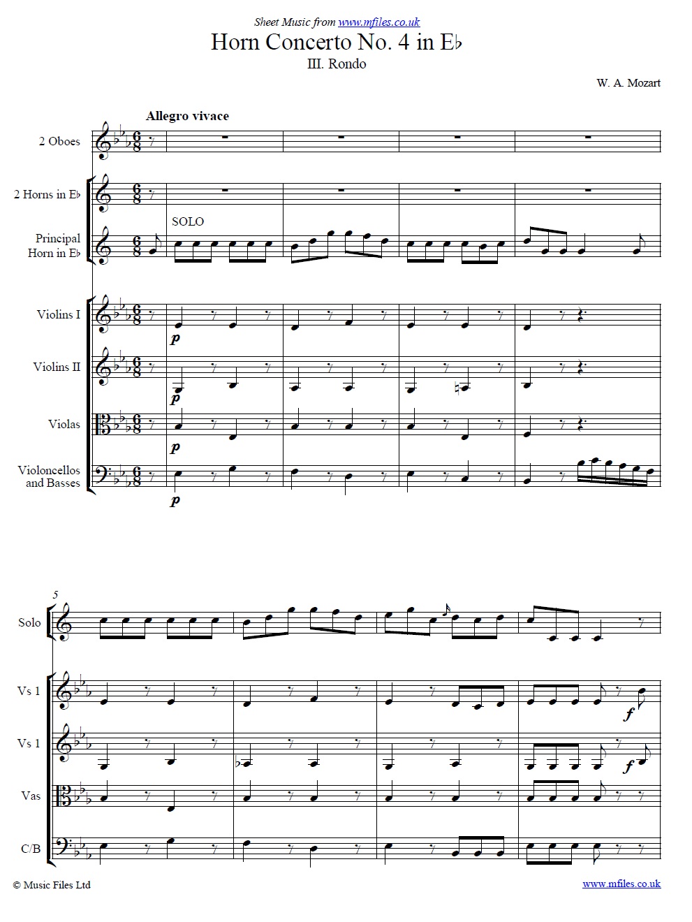 Mozart's 4th Horn Concerto No.4 (3rd Movement: Rondo) score - sheet music 1st page