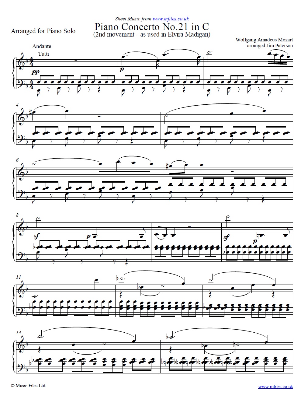 Mozart's Piano Concerto No.21 (2nd movement) Elvira Madigan piano solo - sheet music 1st page