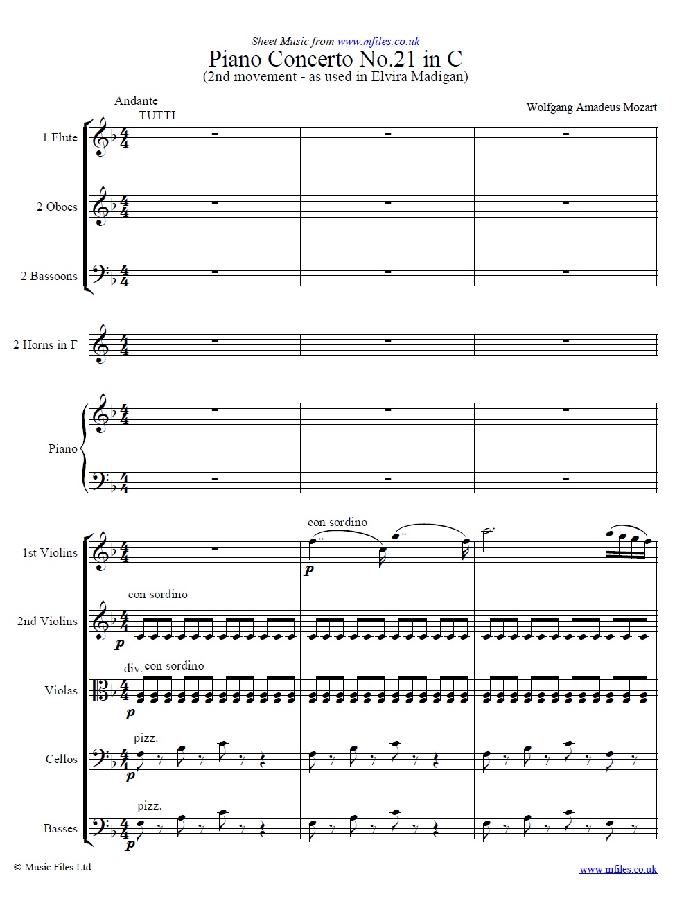 Mozart's Piano Concerto No.21 (2nd movement) Elvira Madigan score - sheet music 1st page