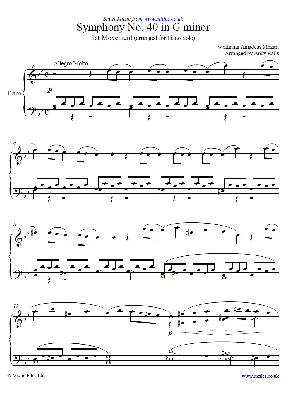 Mozart's Symphony No.40 in Gm (1st Movement) for piano - sheet music 1st page
