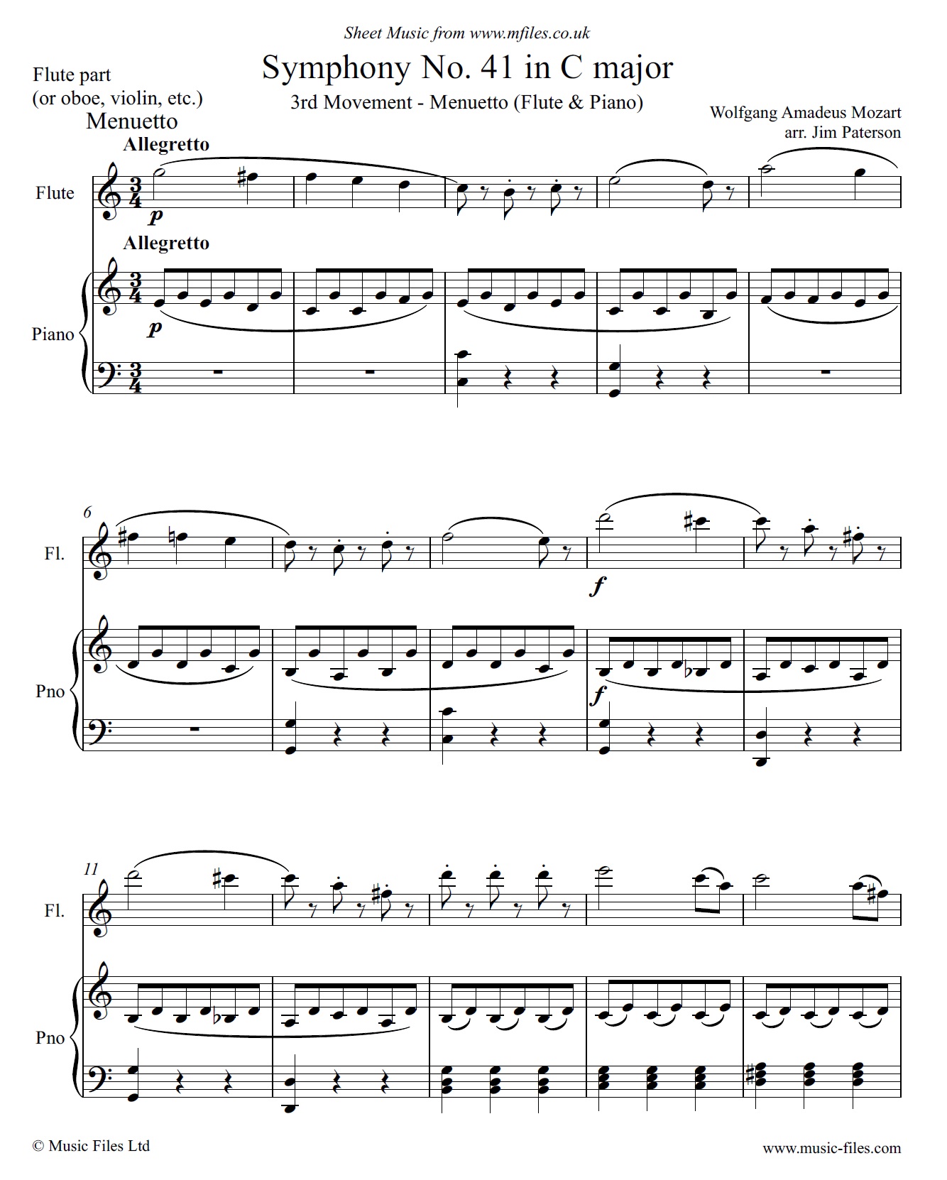 Mozart's 41st Symphony 3rd movement for Flute and Piano - sheet music 1st page
