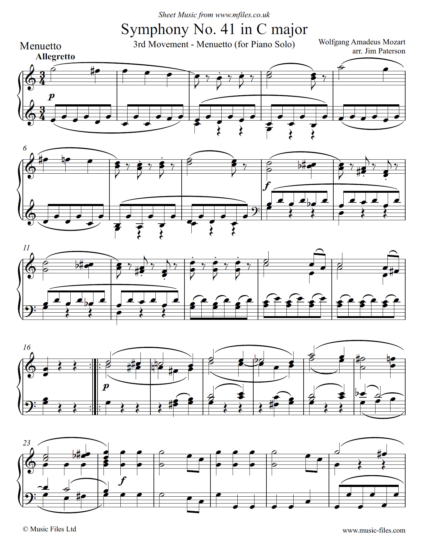 Mozart's 41st Symphony 3rd movement for Piano - sheet music 1st page