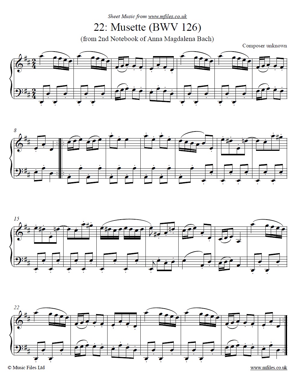 A.M.Bach's 2nd Notebook no.22: Musette by anon for piano - sheet music 1st page