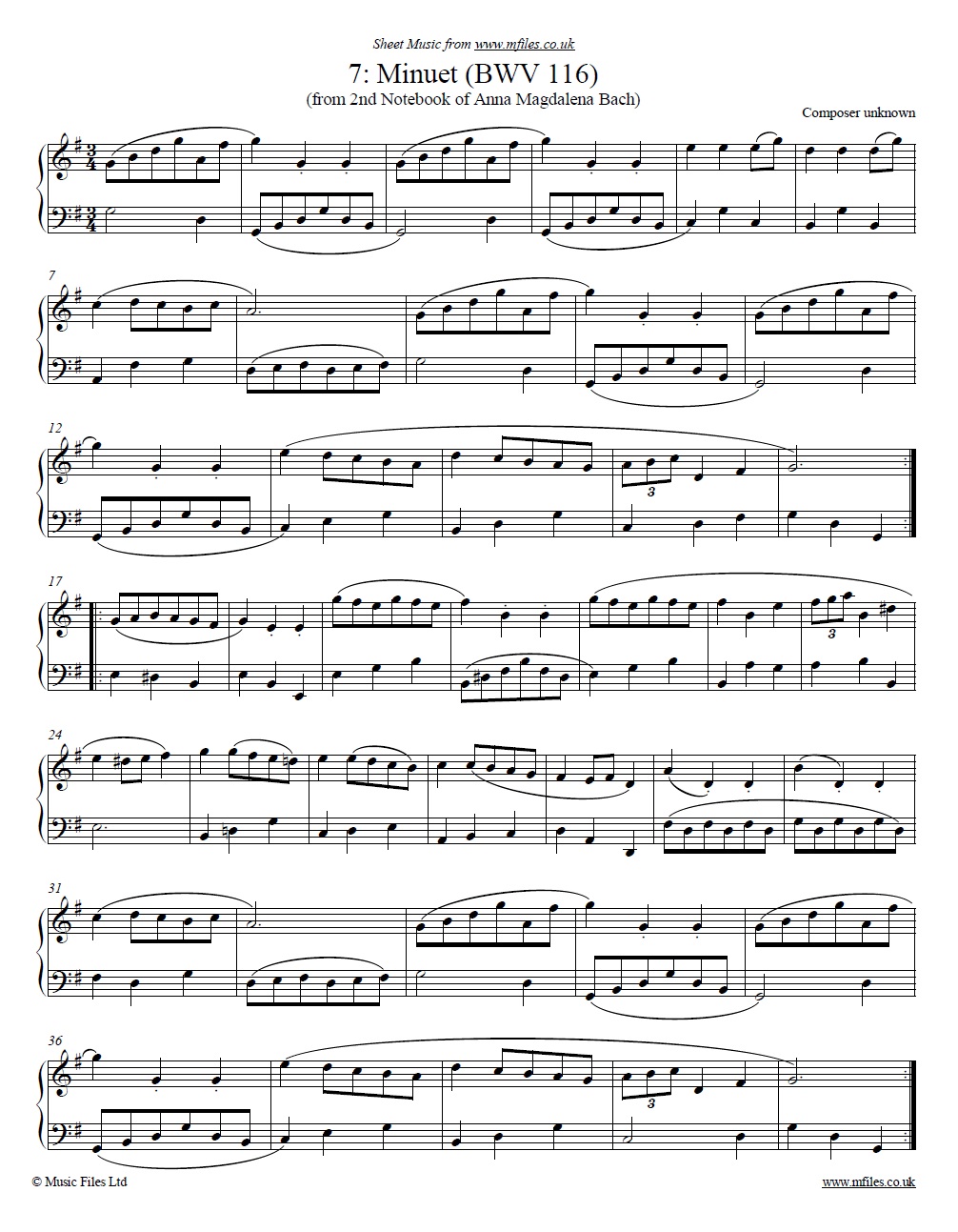 A.M.Bach's 2nd Notebook no.7: Minuet by anon for piano - sheet music 1st page