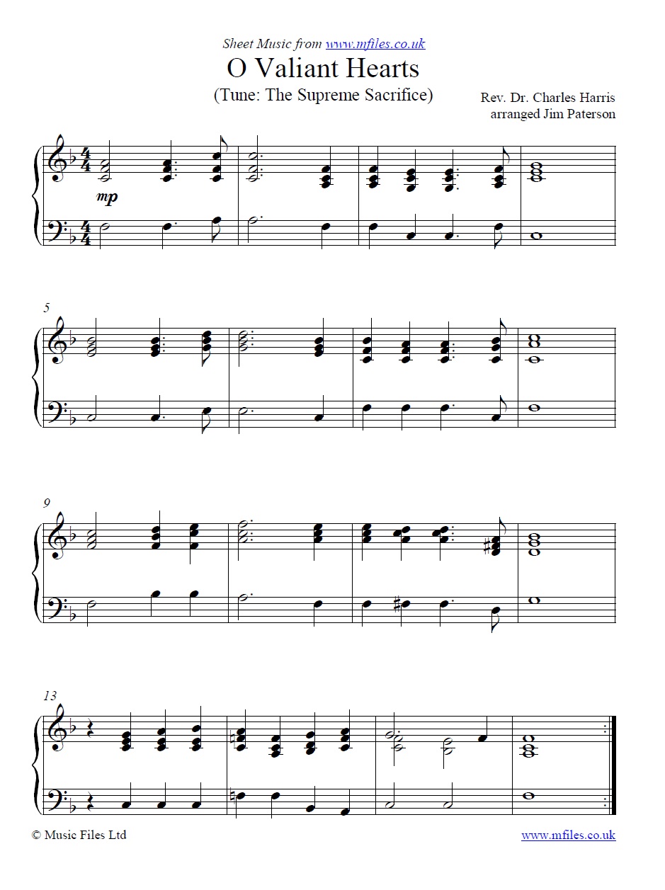 O Valiant Hearts for piano - sheet music 1st page