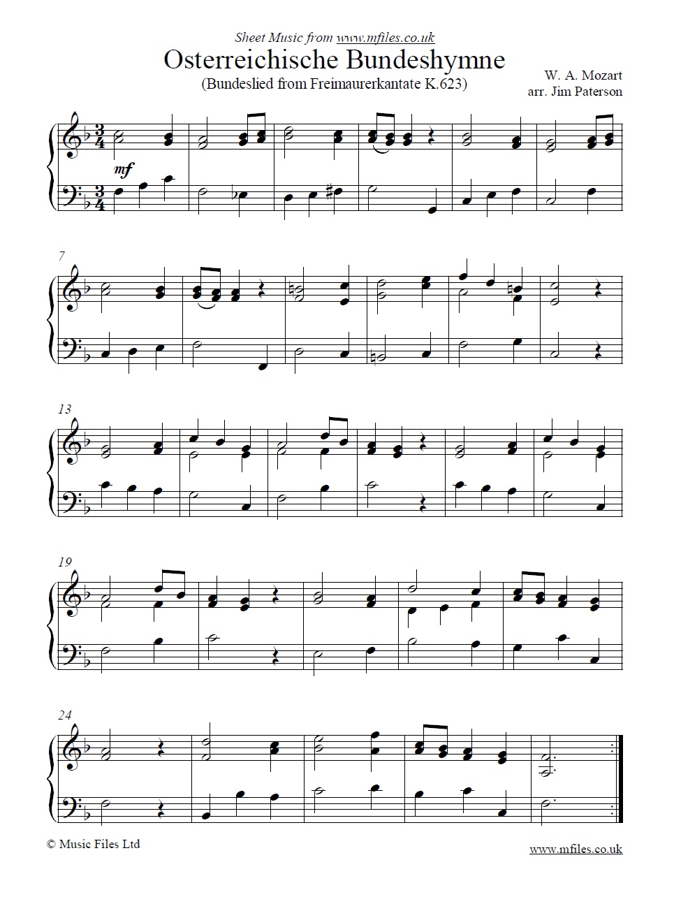 Österreichische Bundeshymne (Austrian National Anthem by Mozart) for piano - sheet music 1st page
