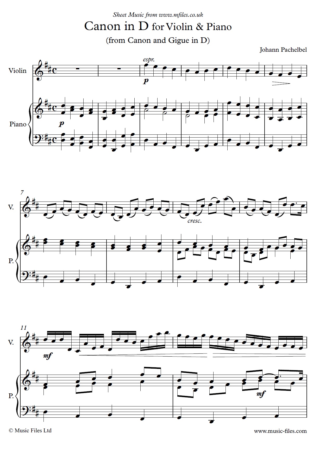 Pachelbel's Canon in D Violin (or Cello or Clarinet) and Piano - sheet music 1st page