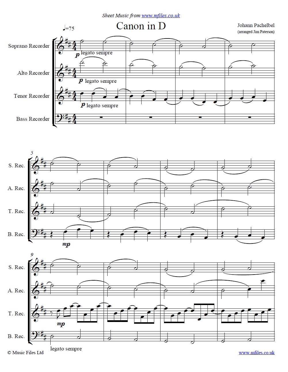 Pachelbel's Canon in D arranged by Jim Paterson for SATB recorders - sheet music 1st page