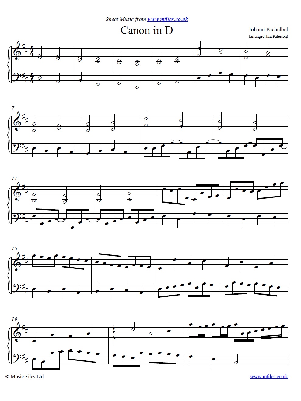 Pachelbel's Canon in D arranged by Jim Paterson for piano - sheet music 1st page