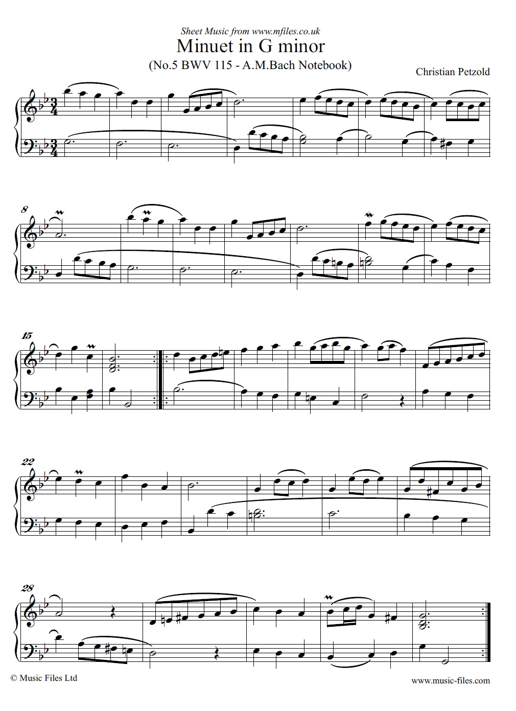 Christian Petzold's Minuet in G minor for piano - sheet music 1st page