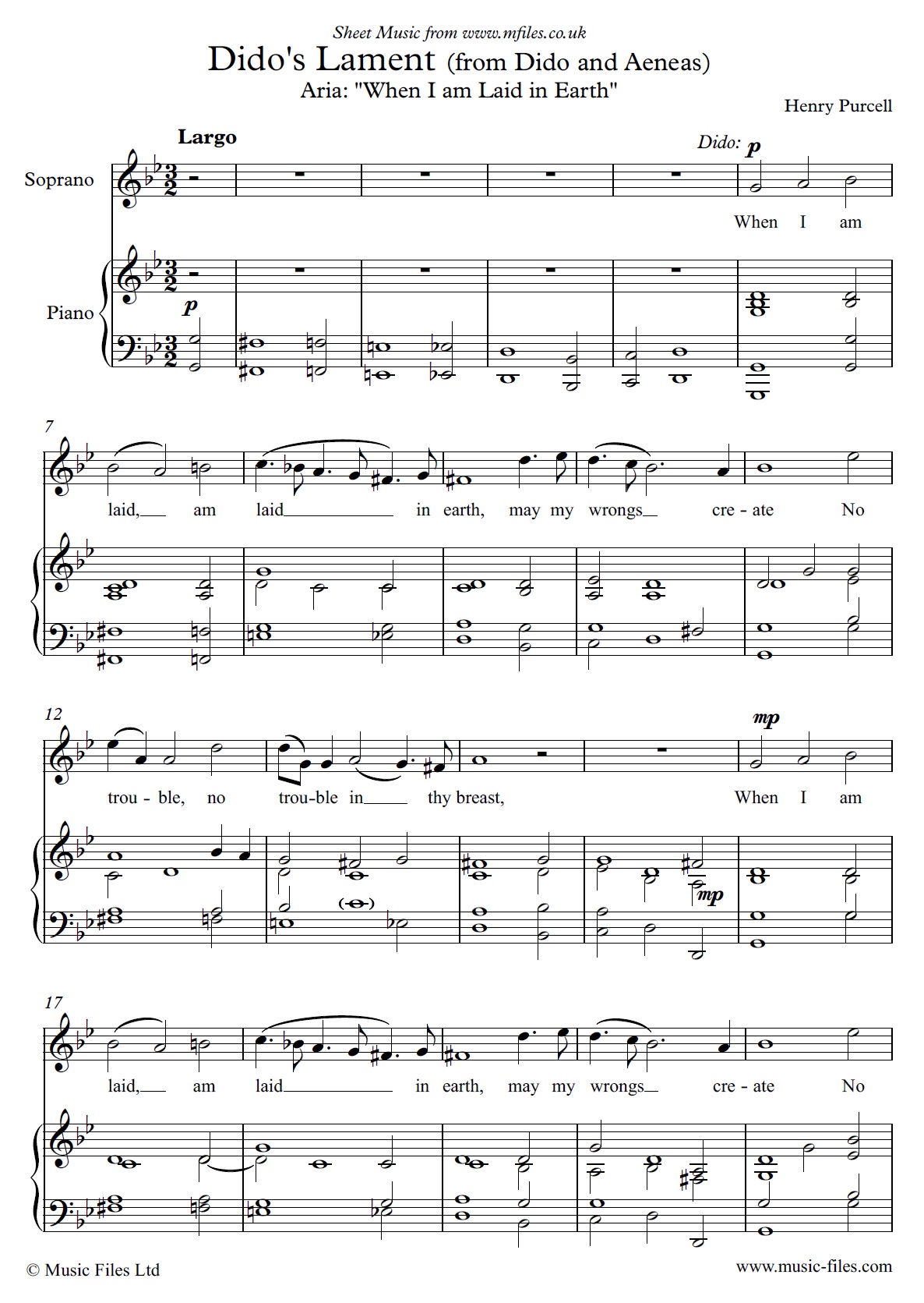 Dido's Lament for Soprano (or Oboe) and Piano - sheet music 1st page