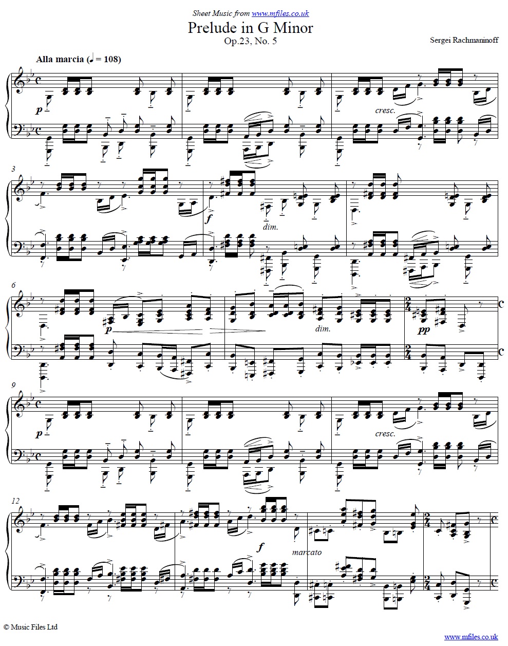 Rachmaninoff's Prelude Op.23 No.5 in Gm for piano - sheet music 1st page
