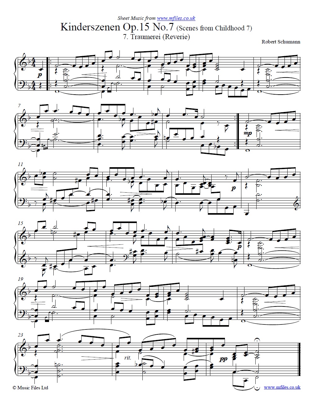 Schumann's Traumerei or Reverie (Scenes from Childhood No.7) for piano - sheet music 1st page